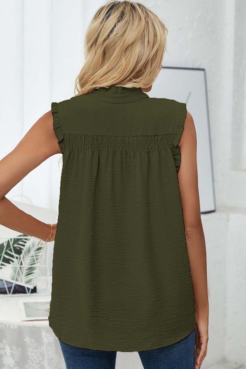 HIGH NECK BUTTON UP FRILL SLEEVELESS LOOSE TOP - Doublju