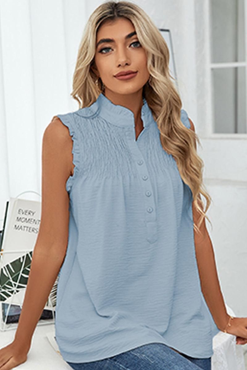 HIGH NECK BUTTON UP FRILL SLEEVELESS LOOSE TOP - Doublju