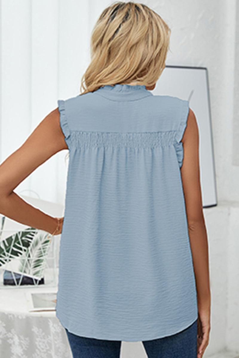 HIGH NECK BUTTON UP FRILL SLEEVELESS LOOSE TOP - Doublju
