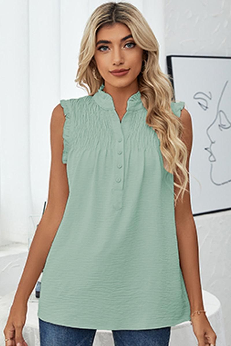 HIGH NECK BUTTON UP FRILL SLEEVELESS LOOSE TOP - Doublju