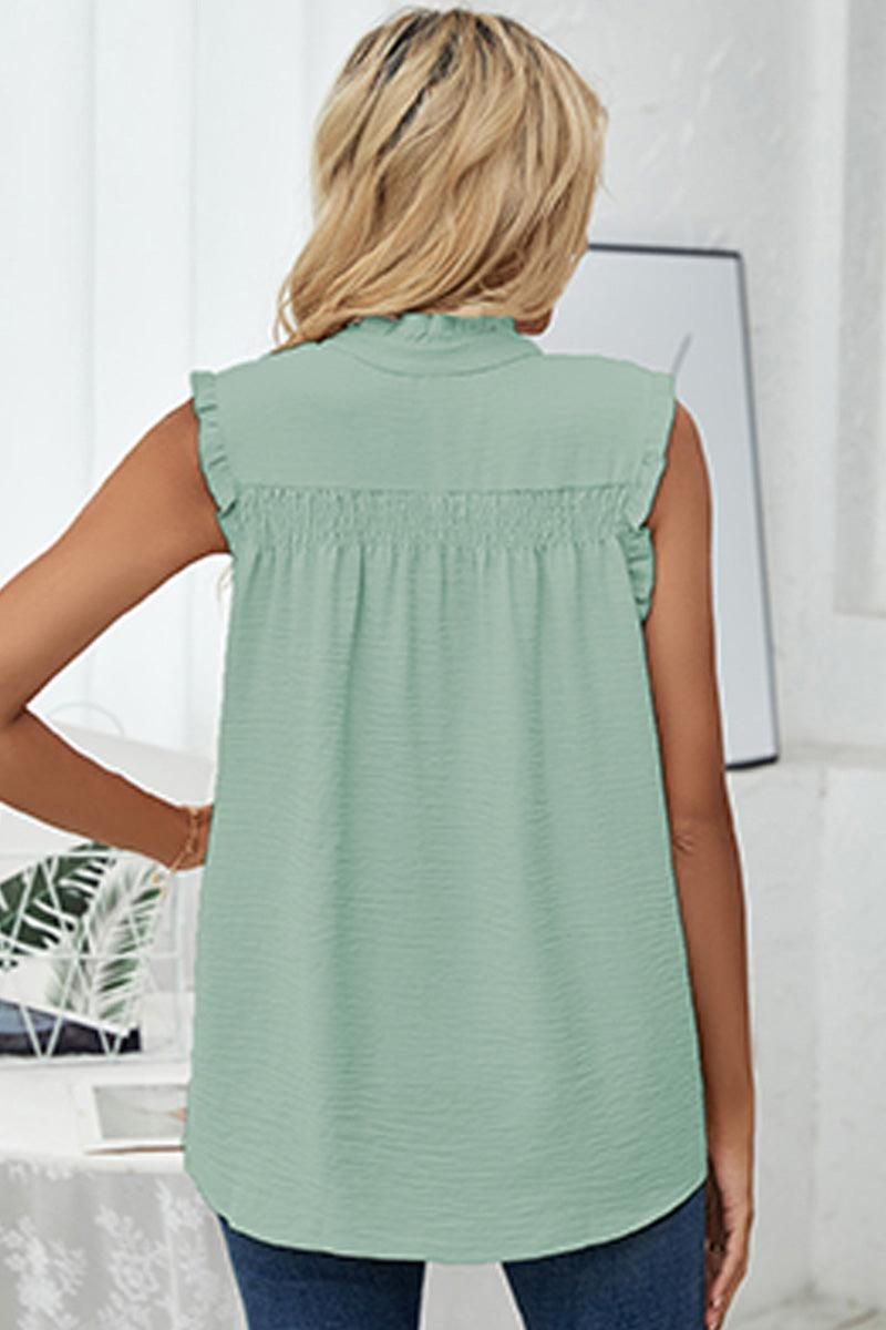HIGH NECK BUTTON UP FRILL SLEEVELESS LOOSE TOP - Doublju