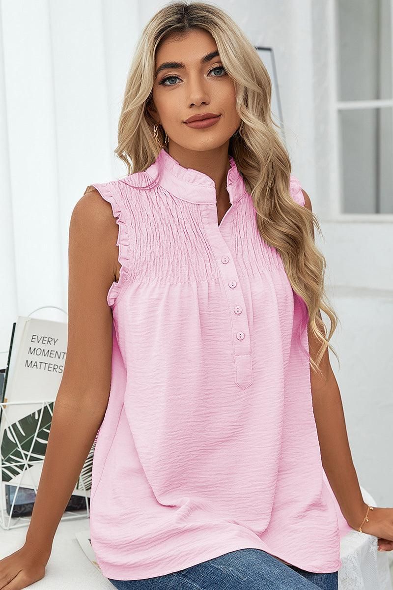 HIGH NECK BUTTON UP FRILL SLEEVELESS LOOSE TOP - Doublju