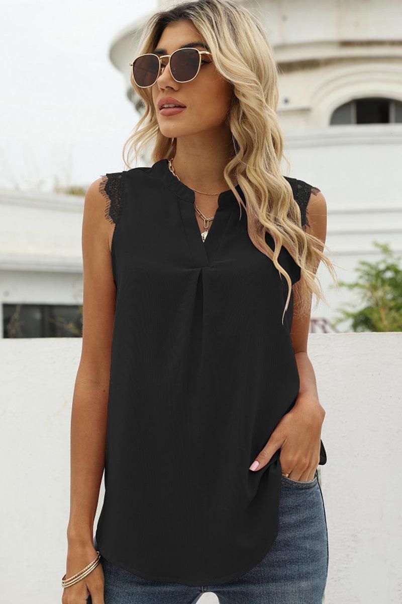 LACE SLEEVELESS FOLDED CHEST V NECK TUNIC TOP - Doublju