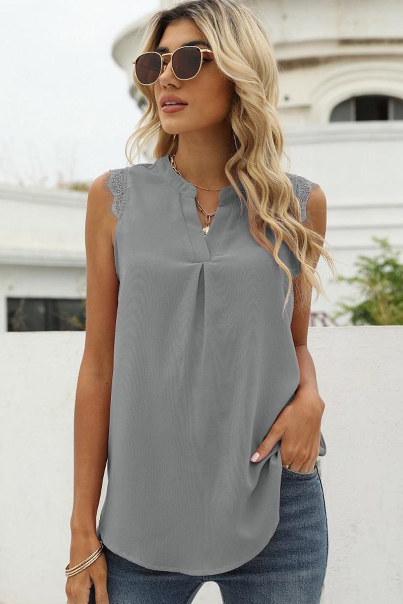 LACE SLEEVELESS FOLDED CHEST V NECK TUNIC TOP - Doublju