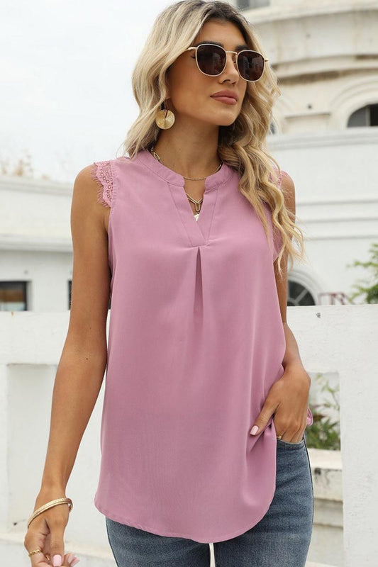 LACE SLEEVELESS FOLDED CHEST V NECK TUNIC TOP - Doublju