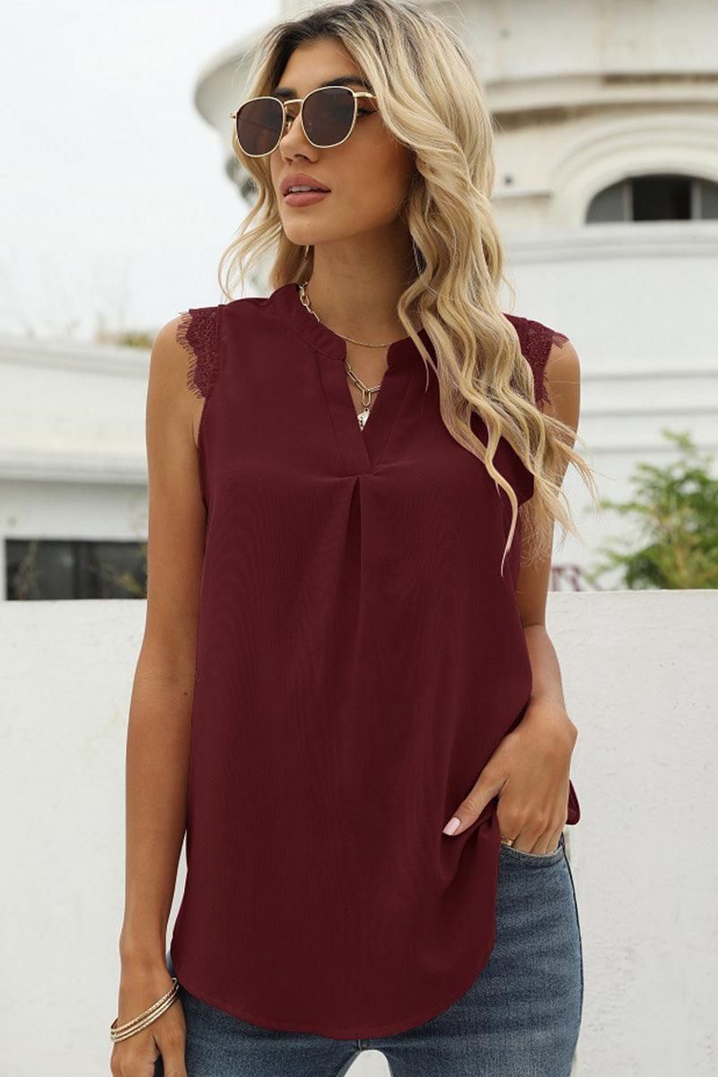 LACE SLEEVELESS FOLDED CHEST V NECK TUNIC TOP - Doublju