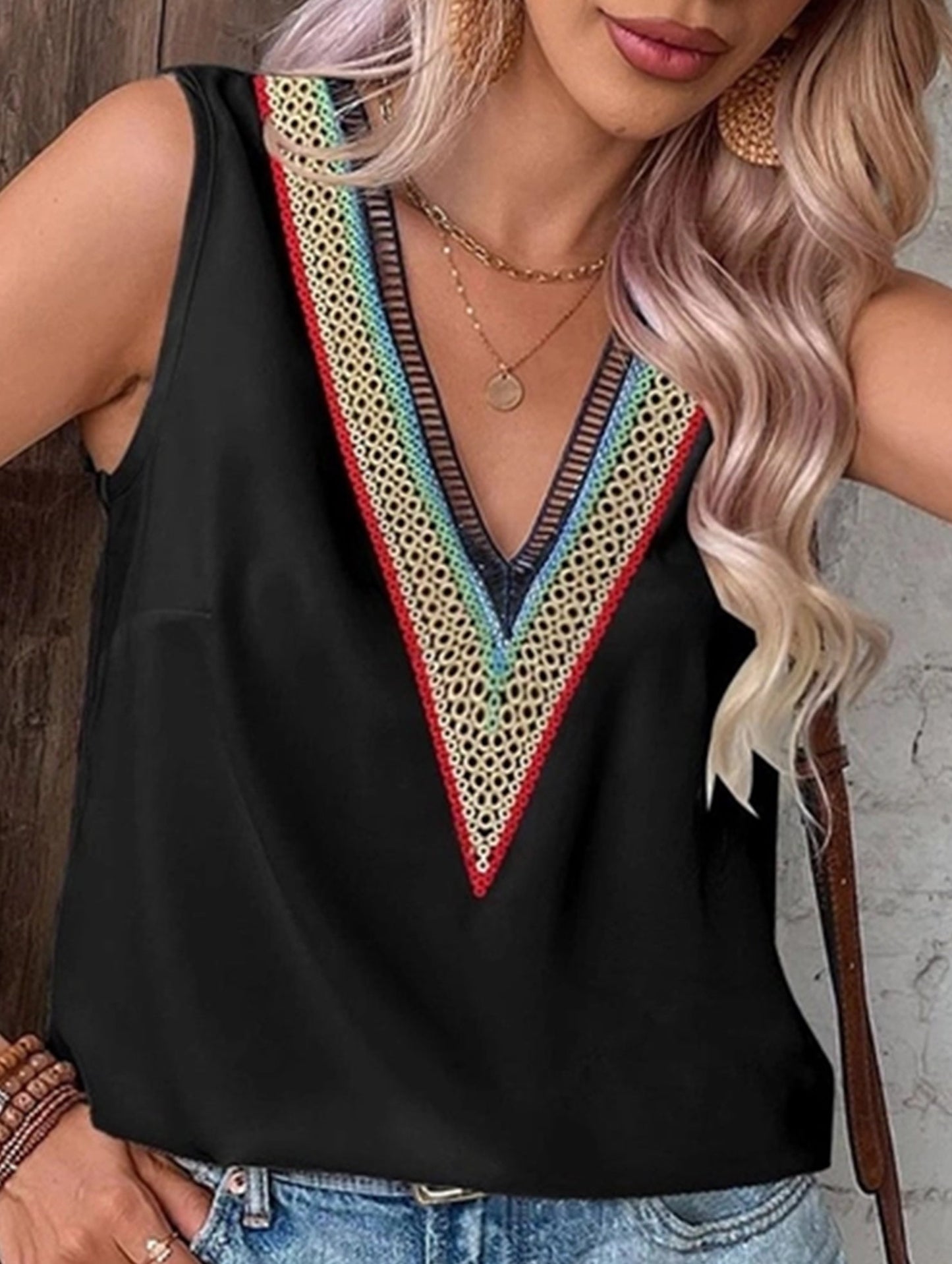 MULTICOLOR LACE V NECK SLEEVELESS BLOUSE
