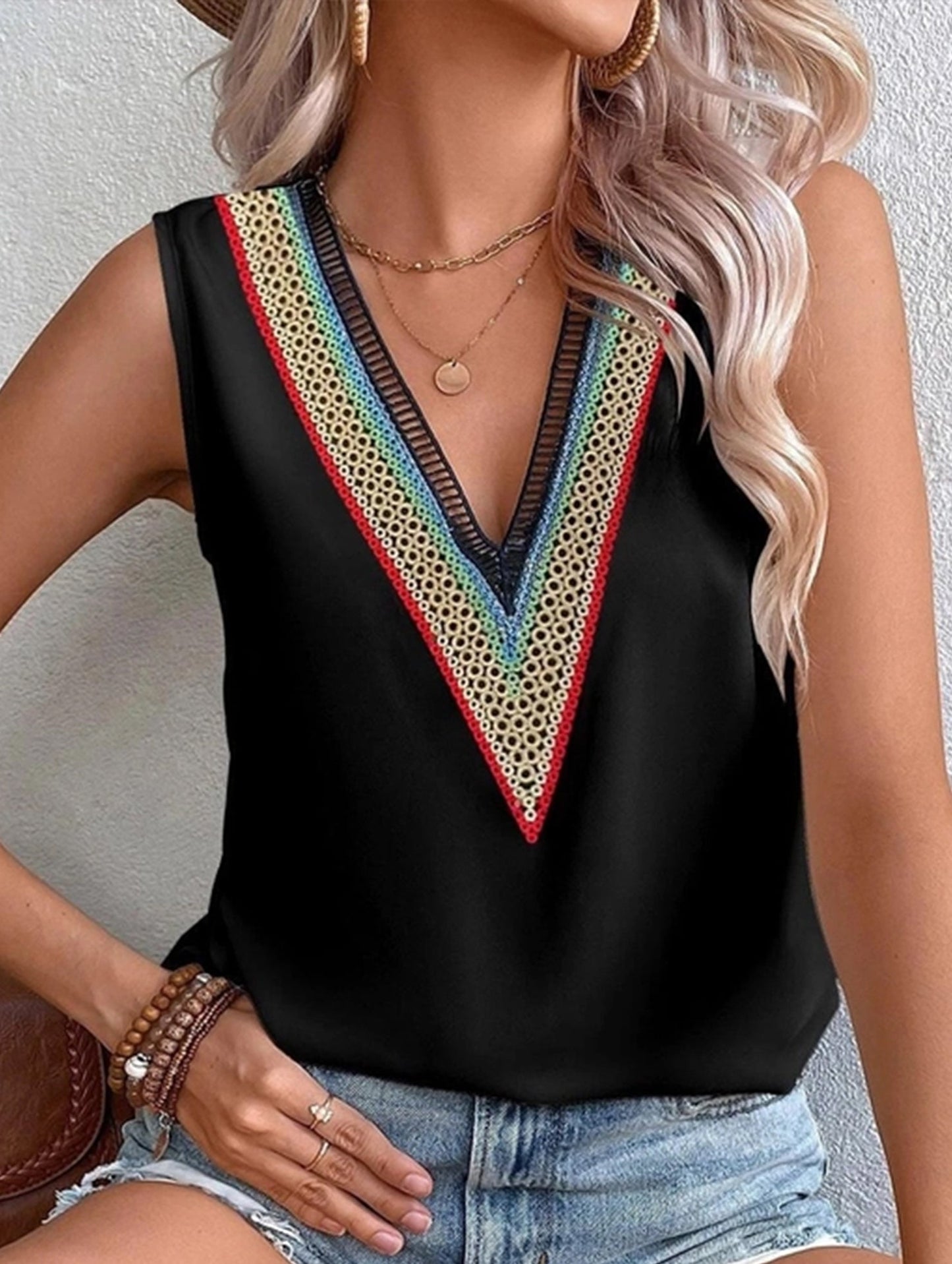 MULTICOLOR LACE V NECK SLEEVELESS BLOUSE
