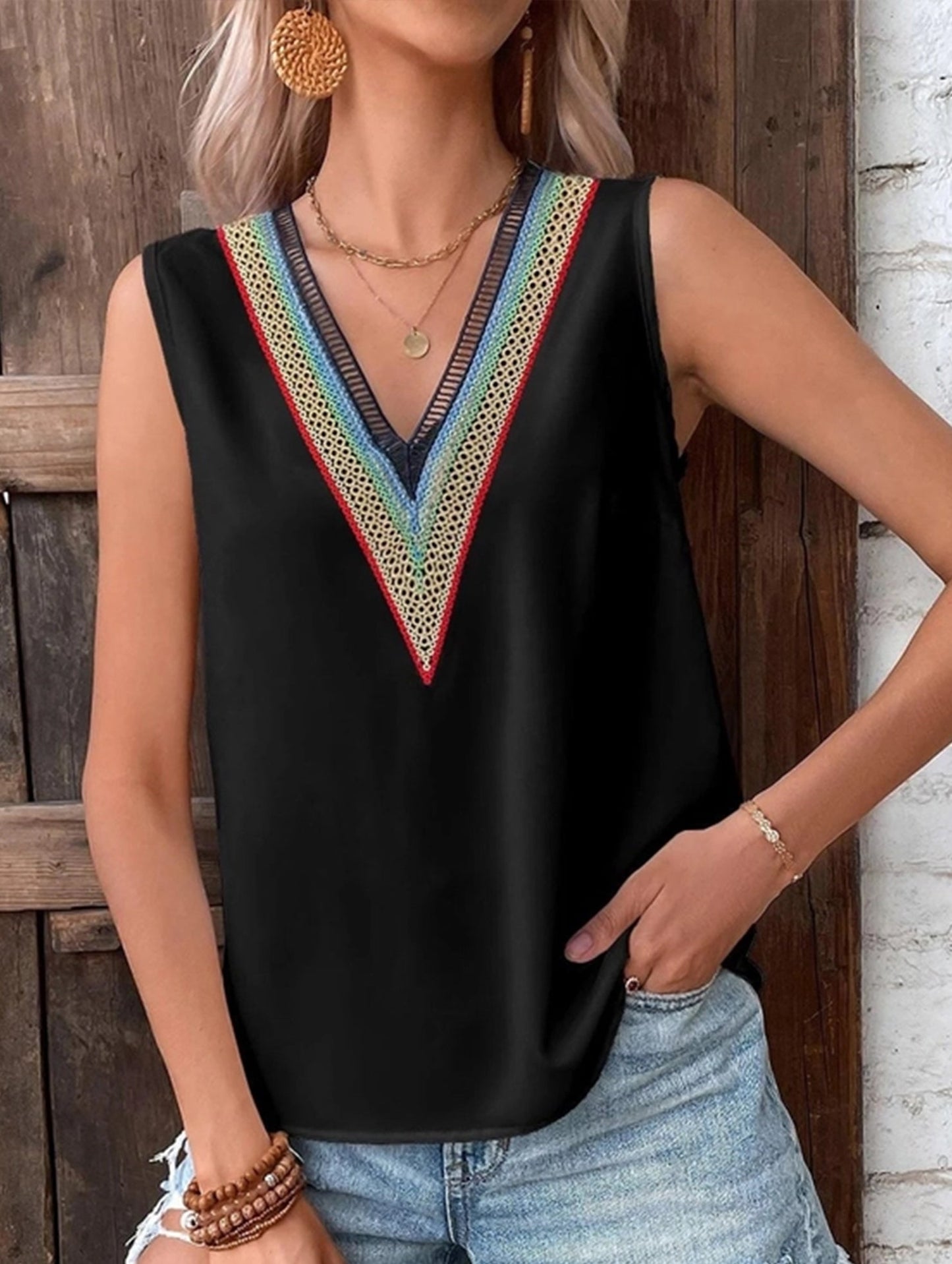 MULTICOLOR LACE V NECK SLEEVELESS BLOUSE