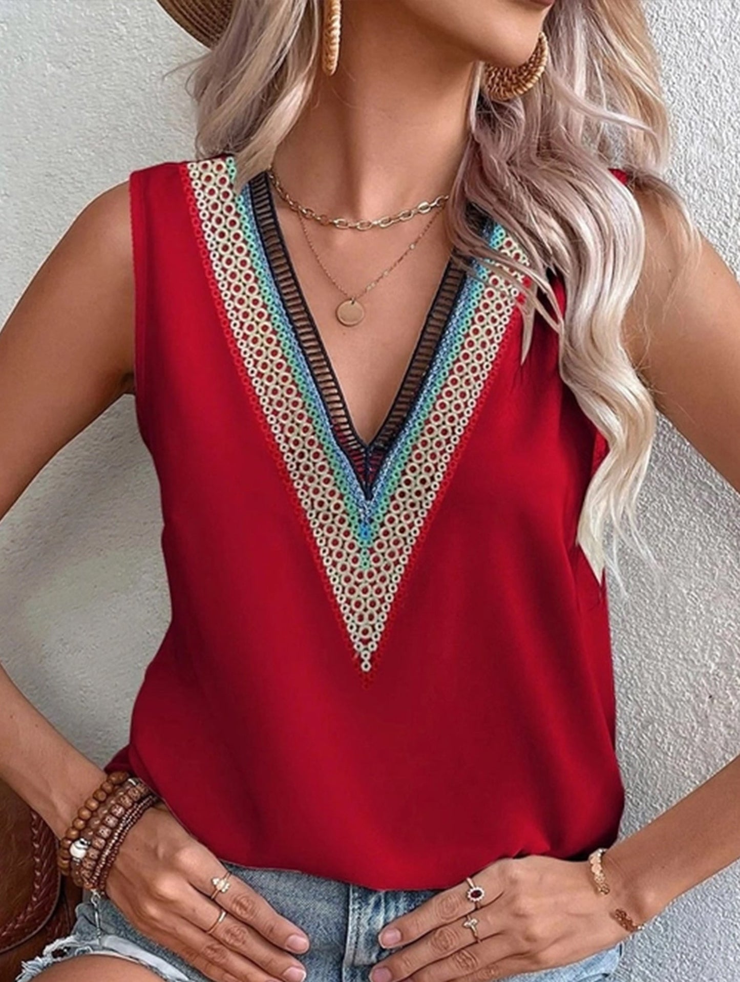 MULTICOLOR LACE V NECK SLEEVELESS BLOUSE