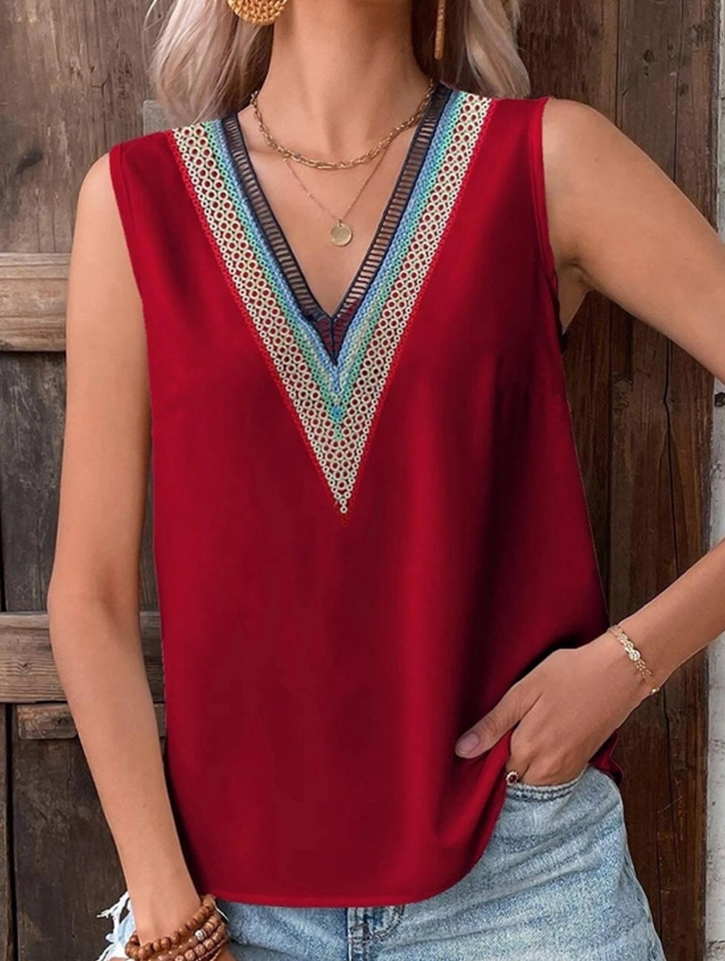 MULTICOLOR LACE V NECK SLEEVELESS BLOUSE