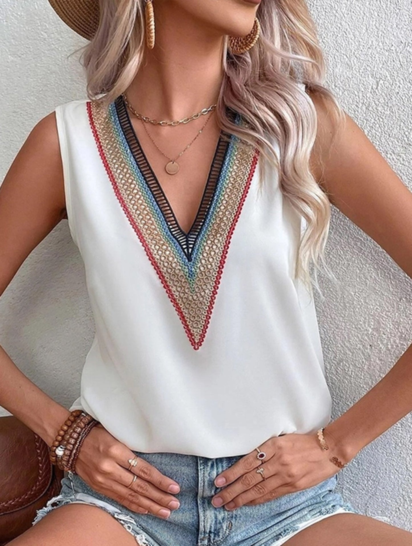 MULTICOLOR LACE V NECK SLEEVELESS BLOUSE