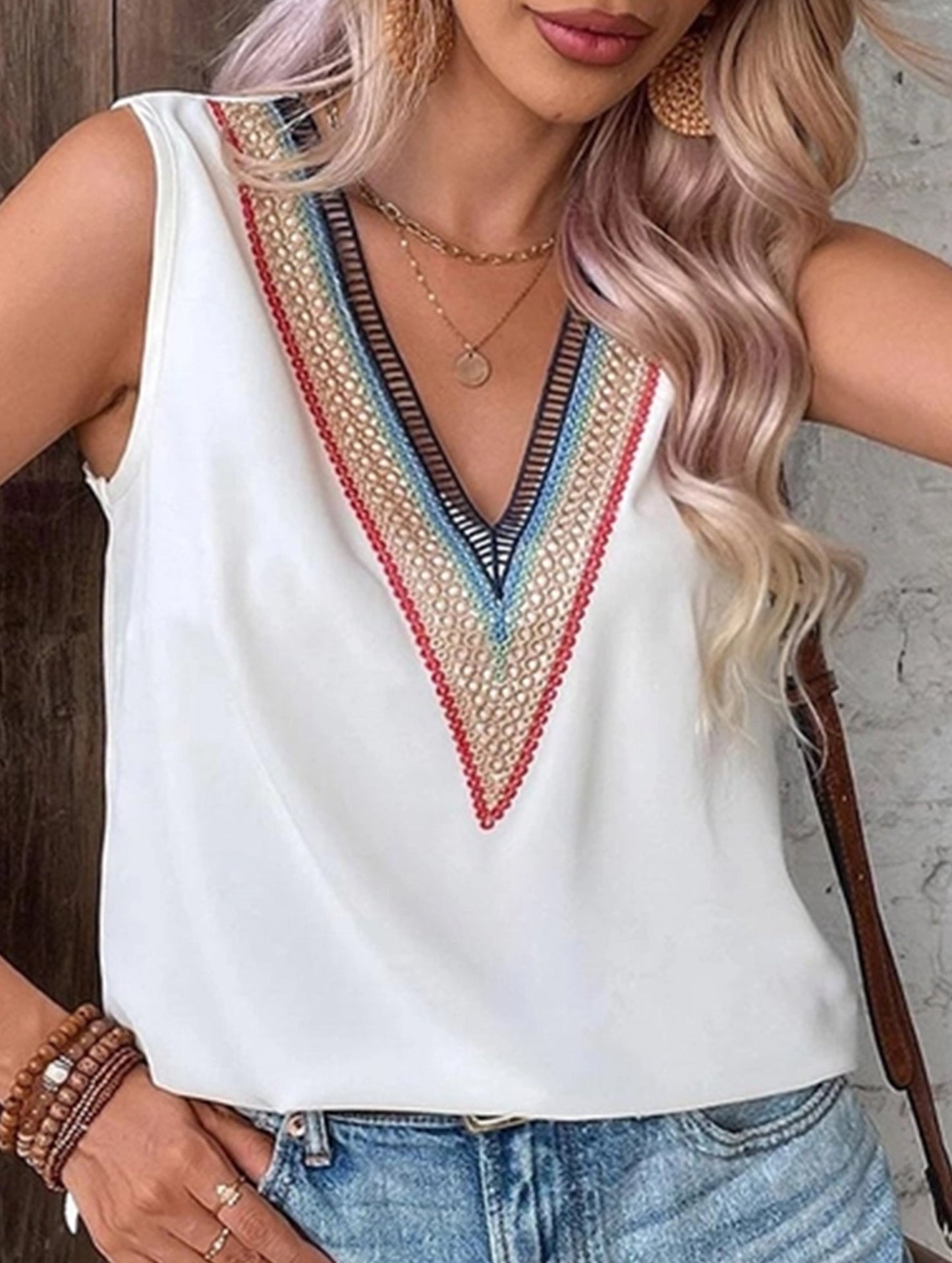 MULTICOLOR LACE V NECK SLEEVELESS BLOUSE