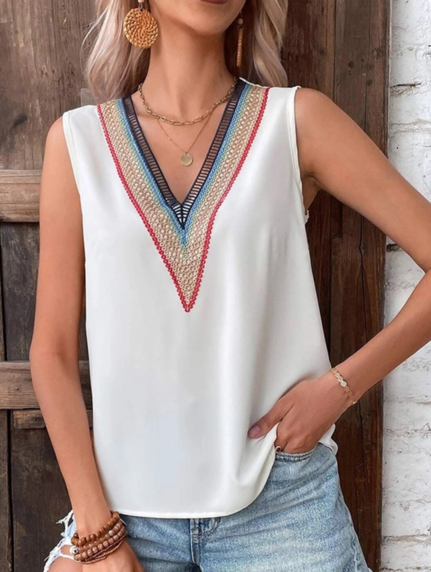 MULTICOLOR LACE V NECK SLEEVELESS BLOUSE