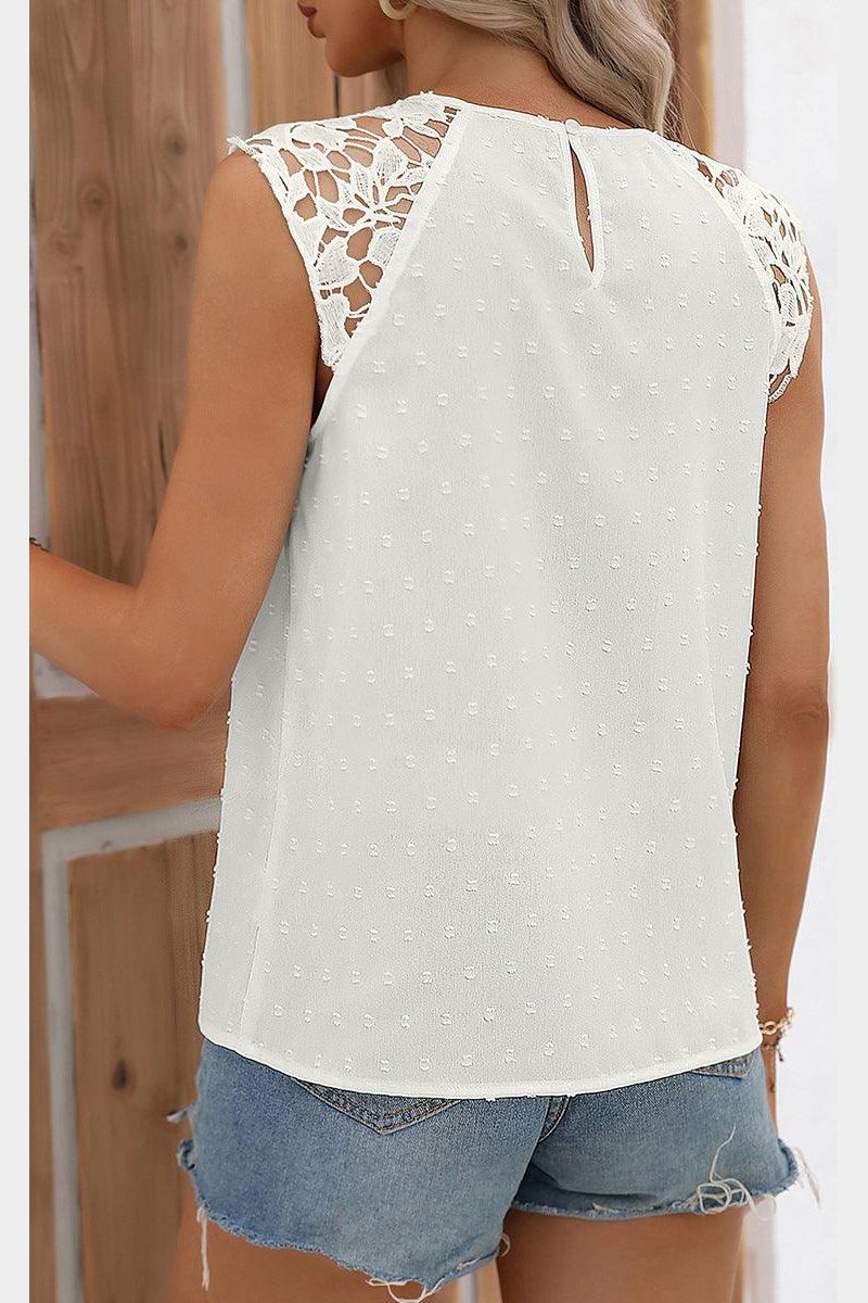 LOOSELY LACE CAP SLEEVE V HOLE CHIFFON TOP - Doublju