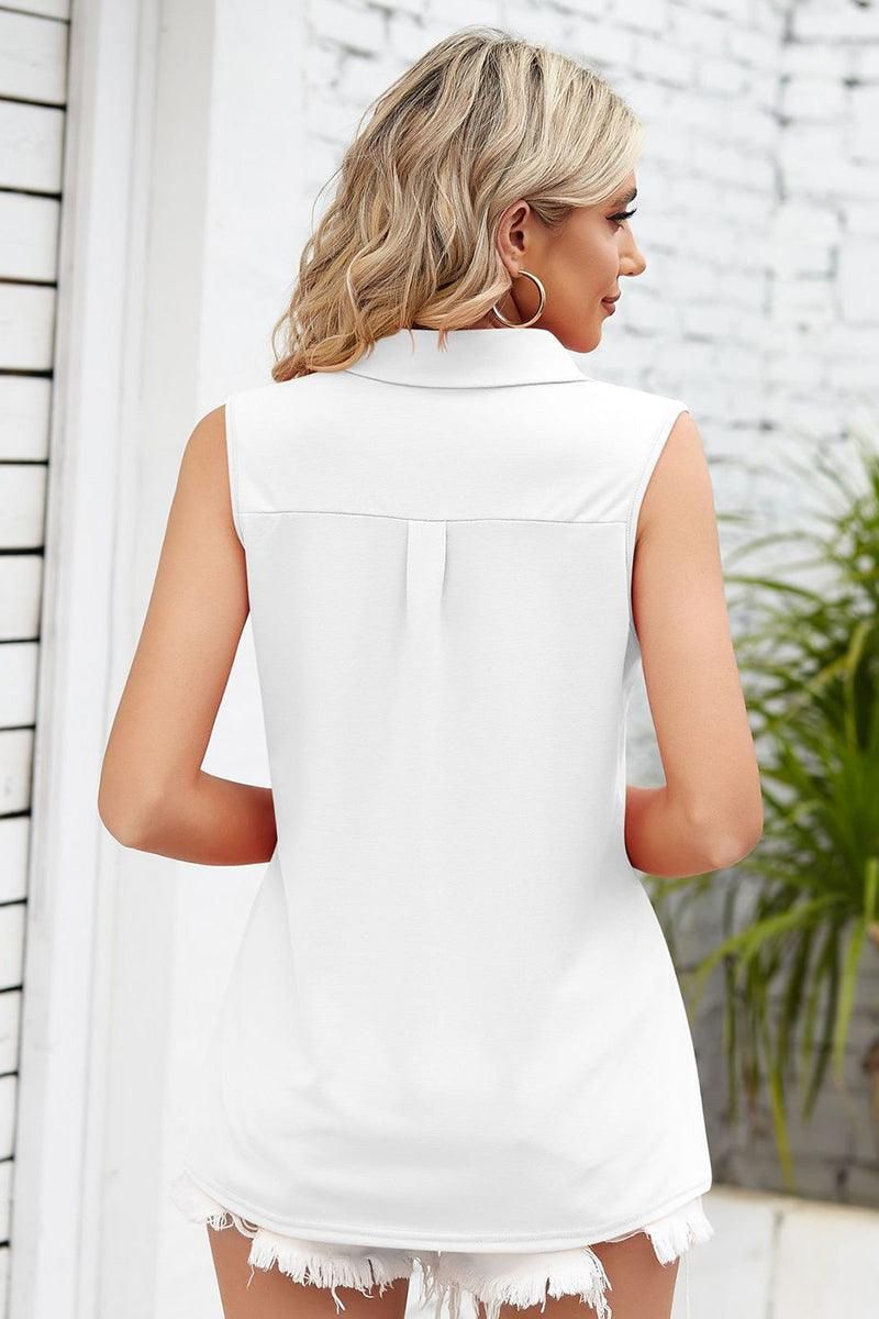 COLLARED V NECK SLEEVELESS WOMEN BLOUSE - Doublju