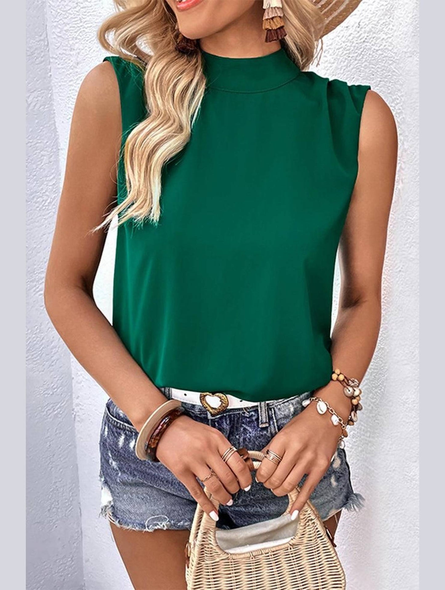 HIGH NECK BACK TIED NECK SLEEVELESS SUMMER BLOUSE - Doublju