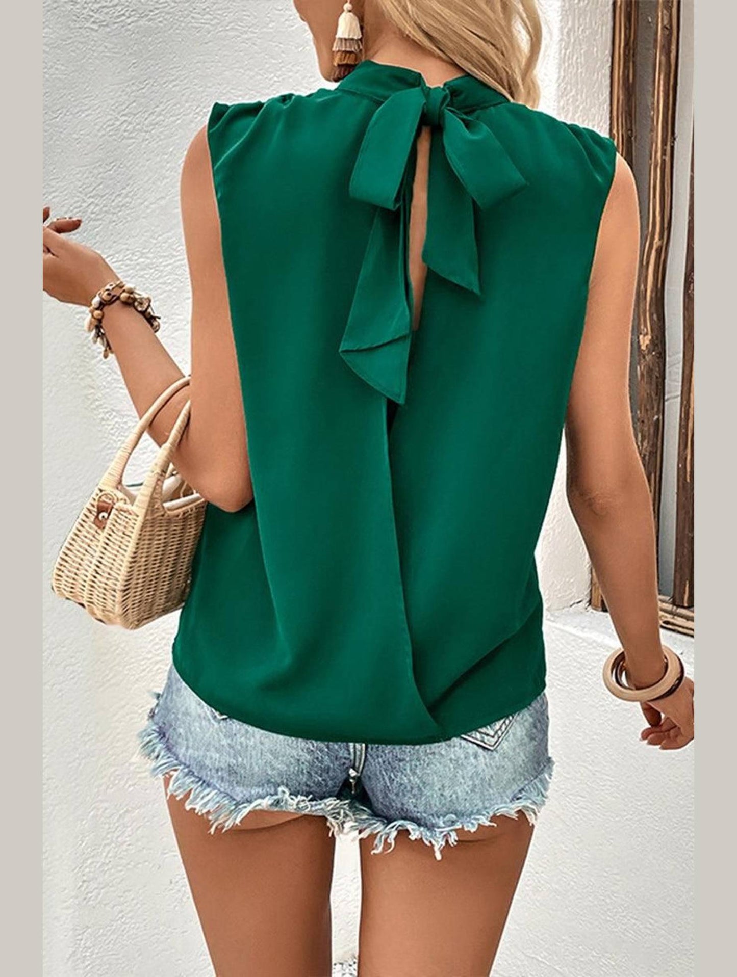 HIGH NECK BACK TIED NECK SLEEVELESS SUMMER BLOUSE - Doublju
