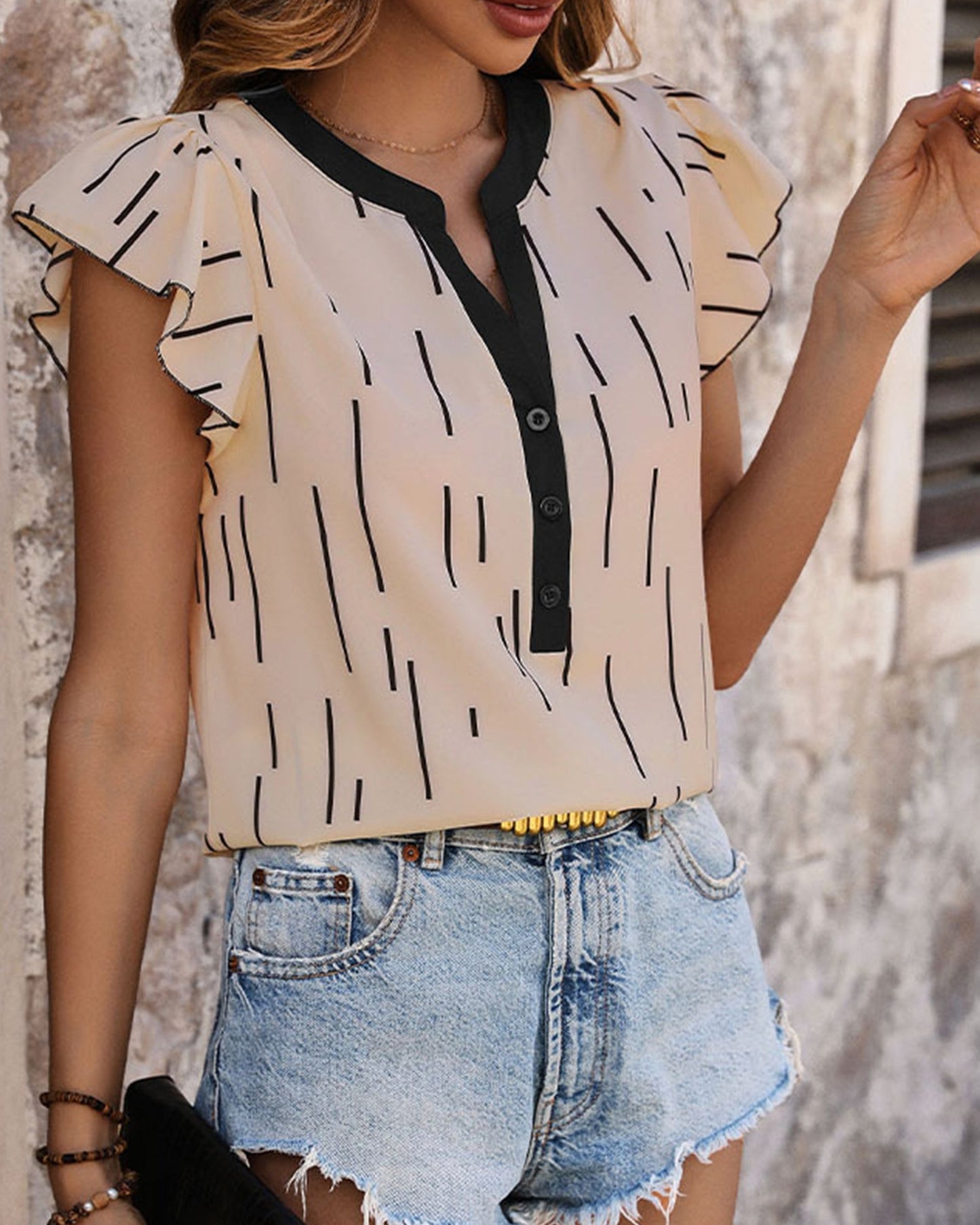 Women's Striped Flying Sleeve Top with Ruffle Trim