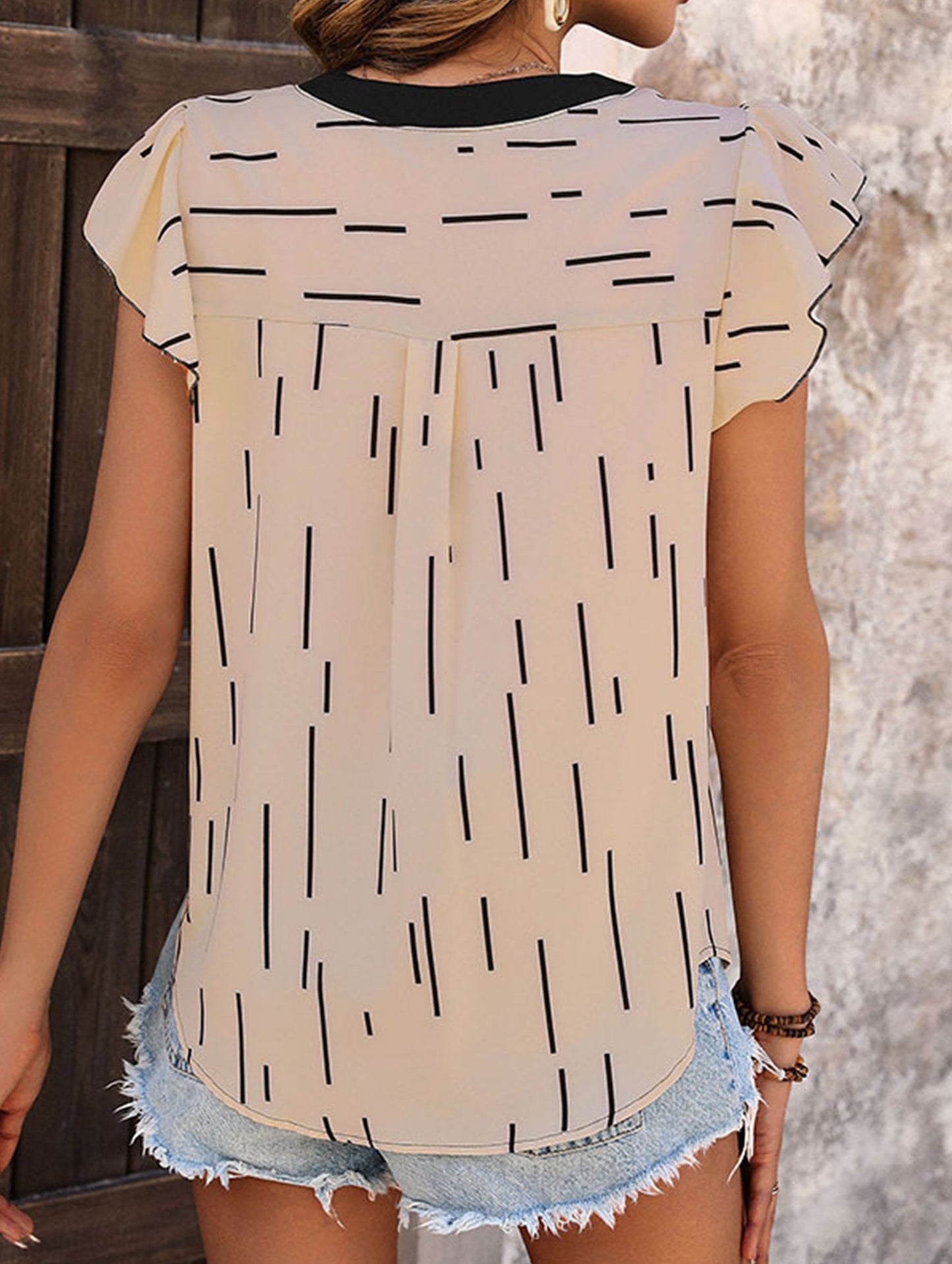 Women's Striped Flying Sleeve Top with Ruffle Trim