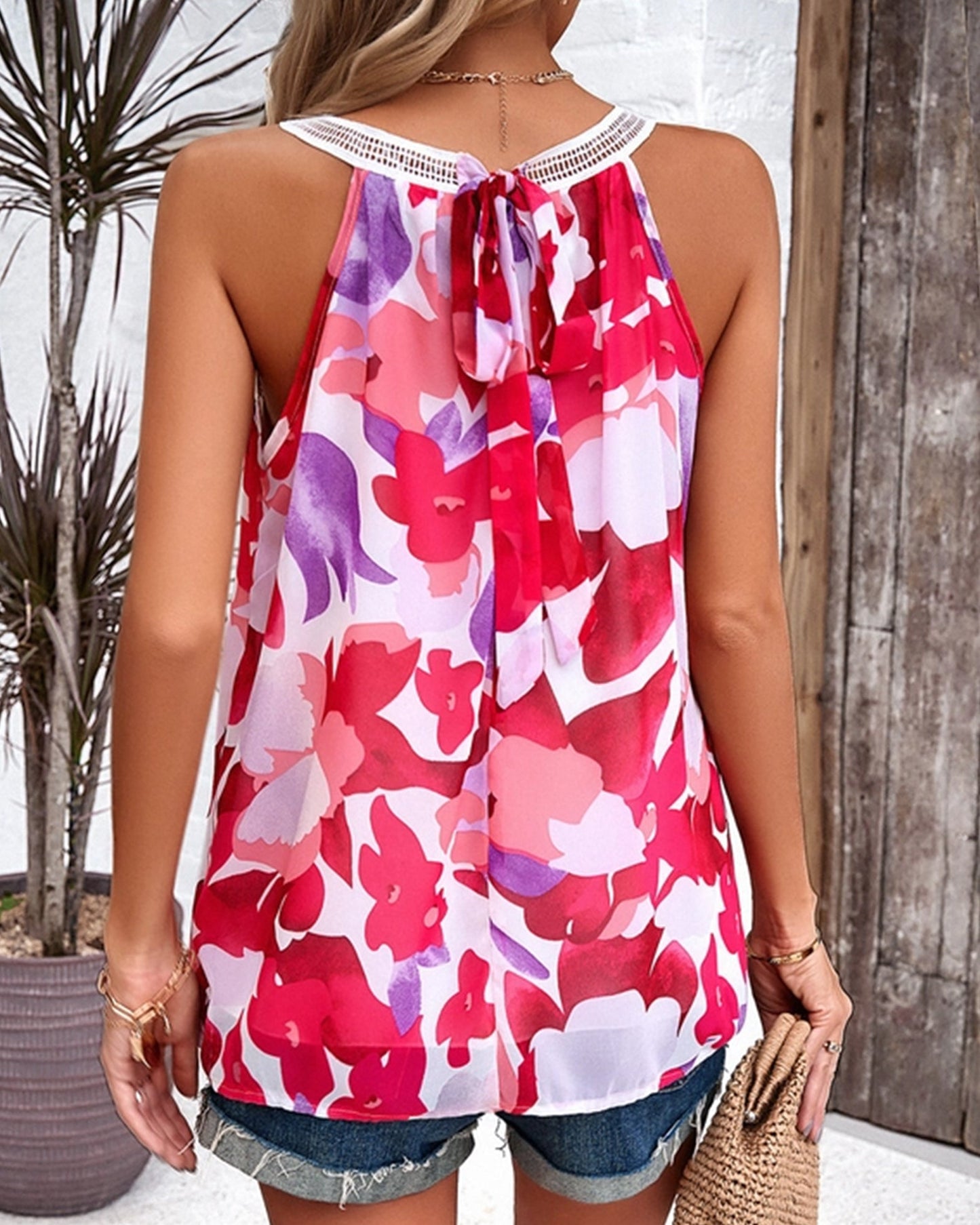 Sleeveless Crew Neck Cutout Print Blouse ??Summer Casual Top for Women