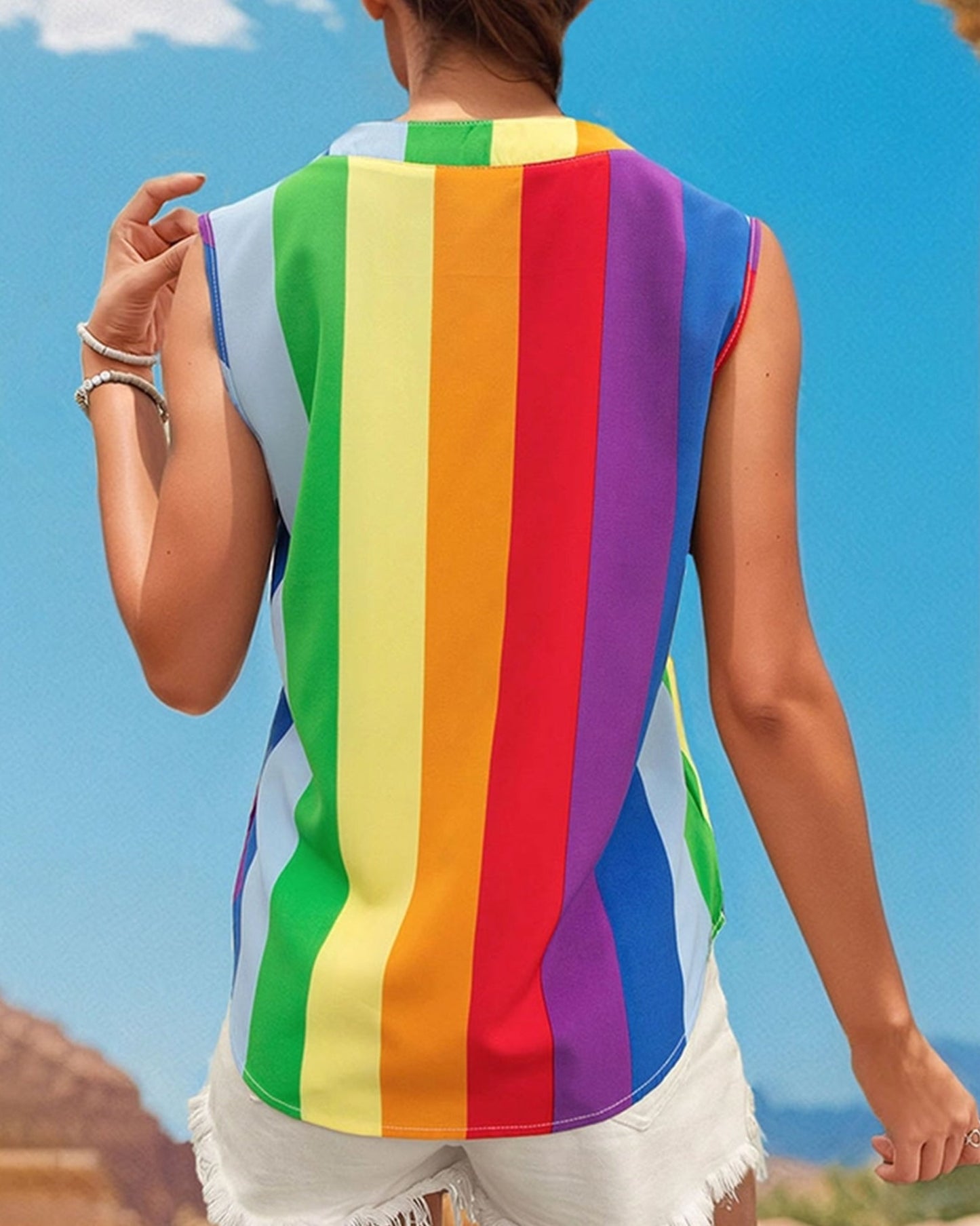 COLORFUL STRIPED V-NECK SHIRT BLOUSE_CWTBLSL0365