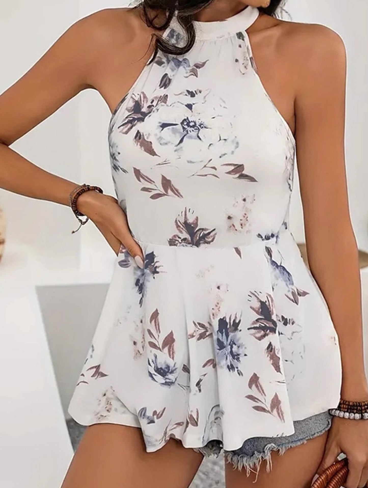 Floral print waist and neckline vacation top