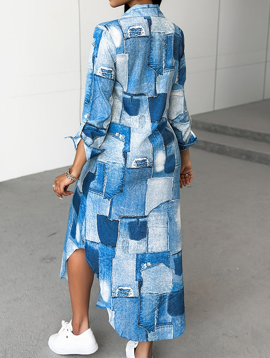 Denim Print Button-Down Shirt Dress