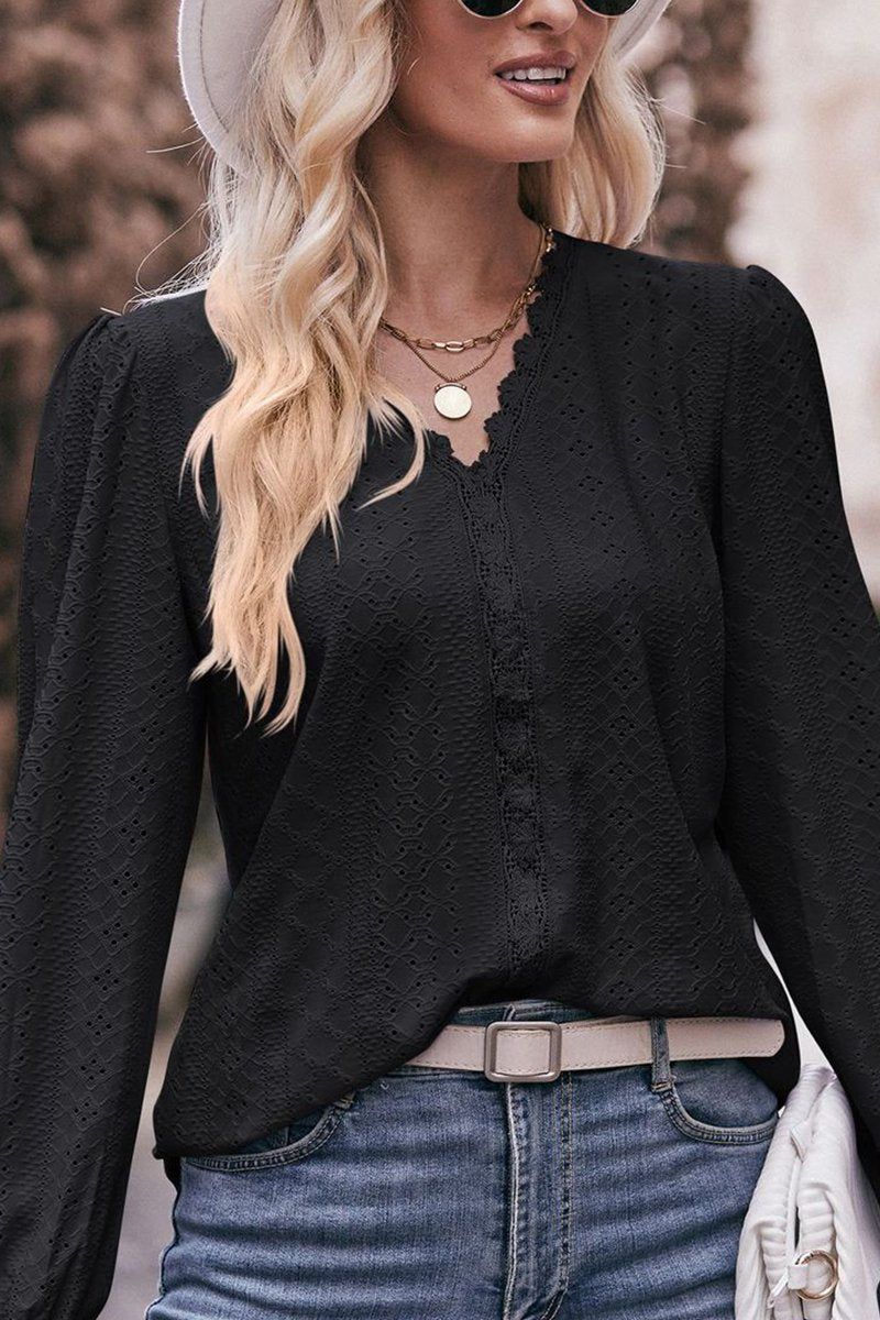 WOMEN LACE TRIM V NECK FLARED SLEEVE BLOUSE