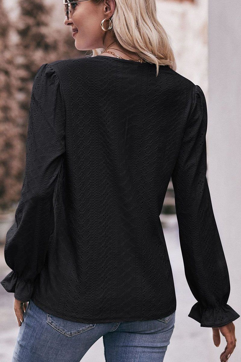 WOMEN LACE TRIM V NECK FLARED SLEEVE BLOUSE