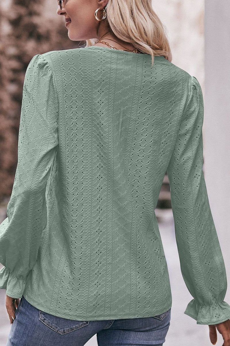 WOMEN LACE TRIM V NECK FLARED SLEEVE BLOUSE