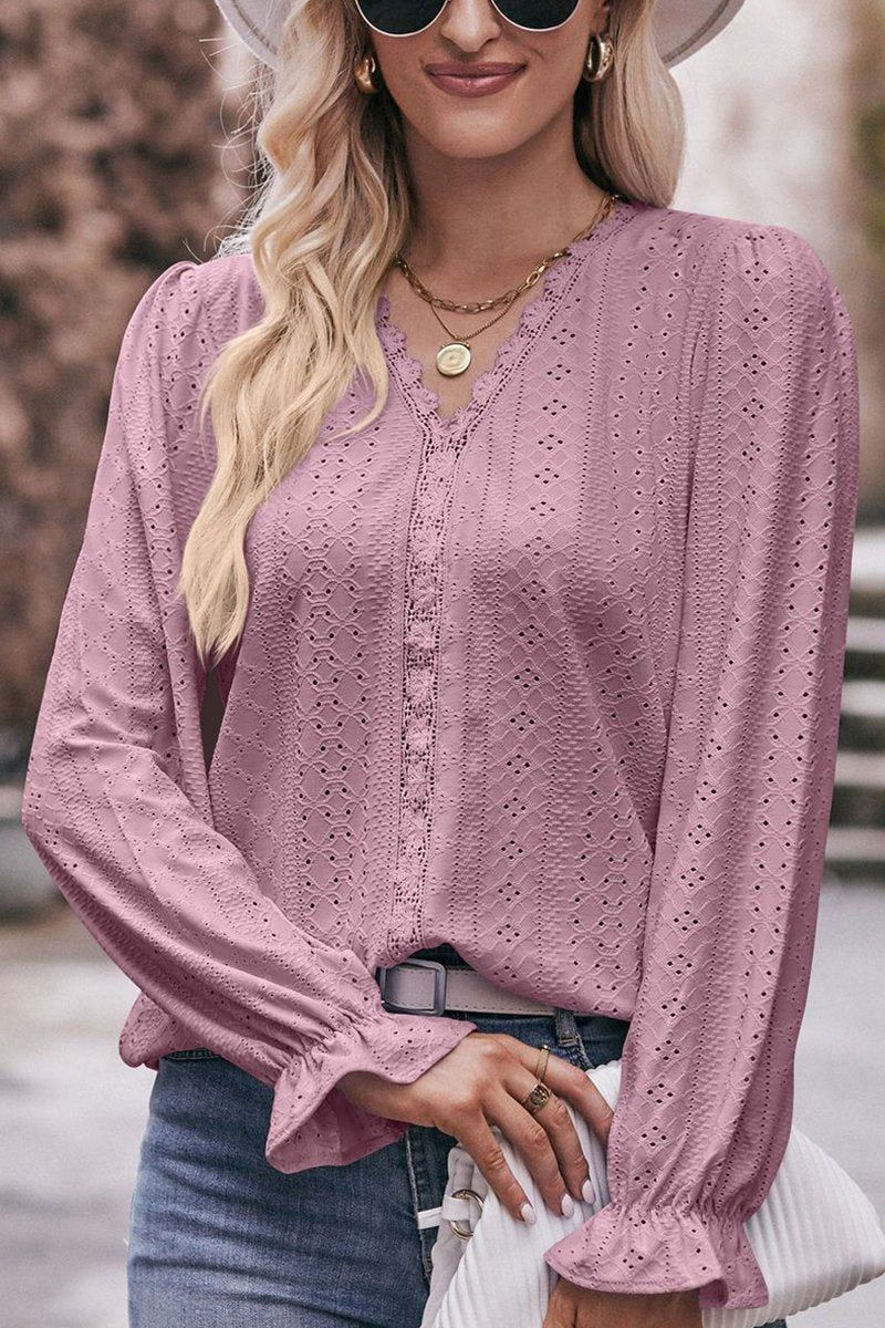 WOMEN LACE TRIM V NECK FLARED SLEEVE BLOUSE