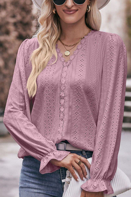 WOMEN LACE TRIM V NECK FLARED SLEEVE BLOUSE
