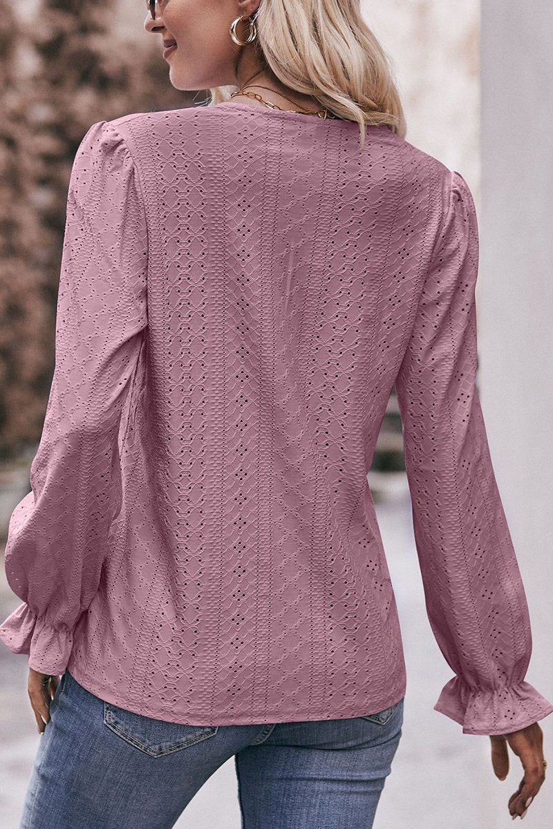 WOMEN LACE TRIM V NECK FLARED SLEEVE BLOUSE