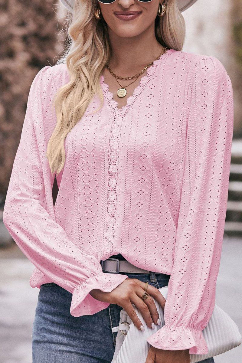 WOMEN LACE TRIM V NECK FLARED SLEEVE BLOUSE