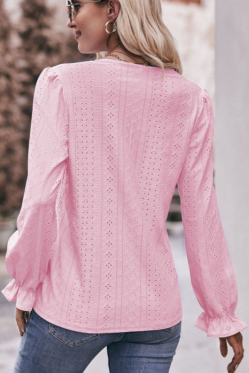 WOMEN LACE TRIM V NECK FLARED SLEEVE BLOUSE