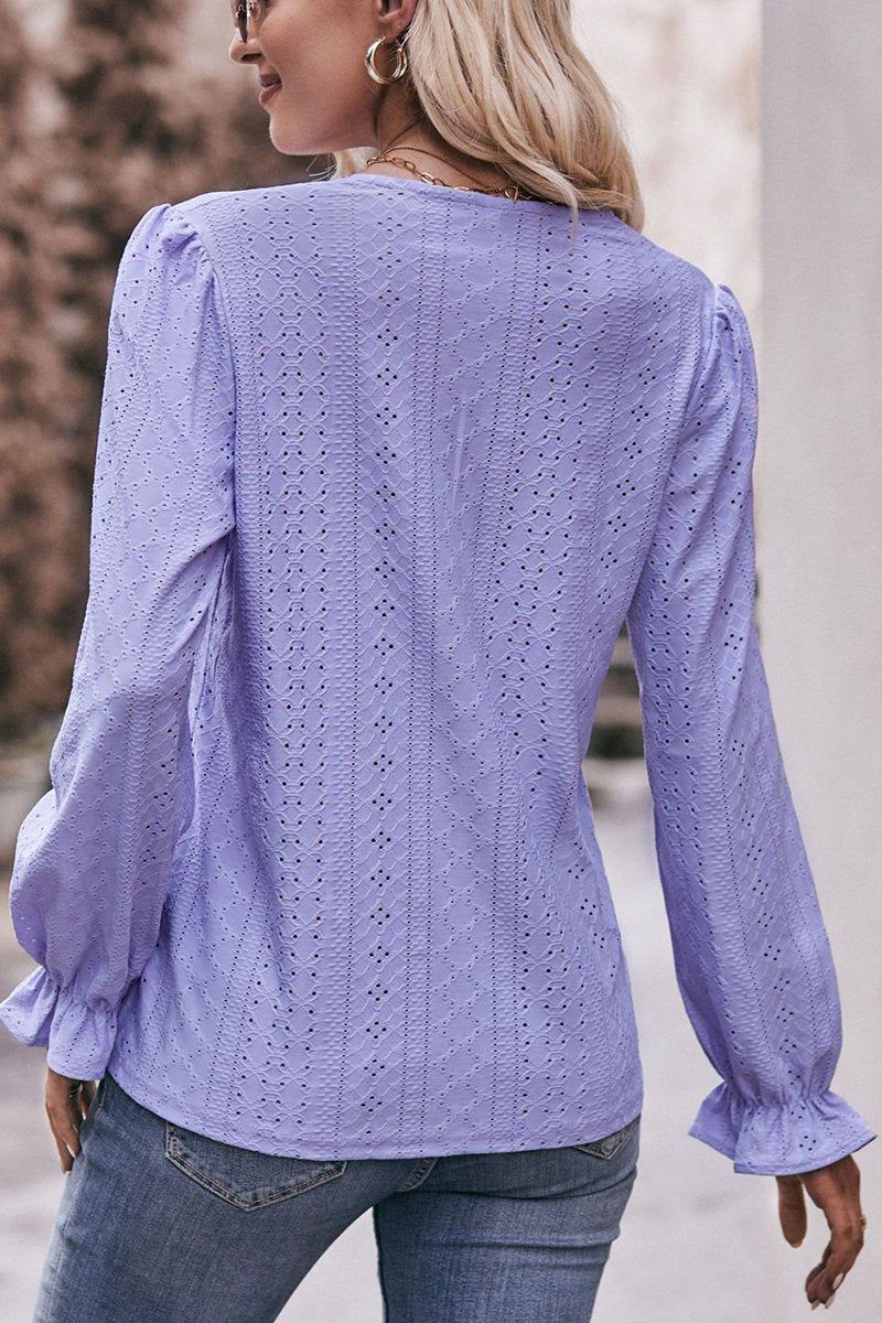 WOMEN LACE TRIM V NECK FLARED SLEEVE BLOUSE