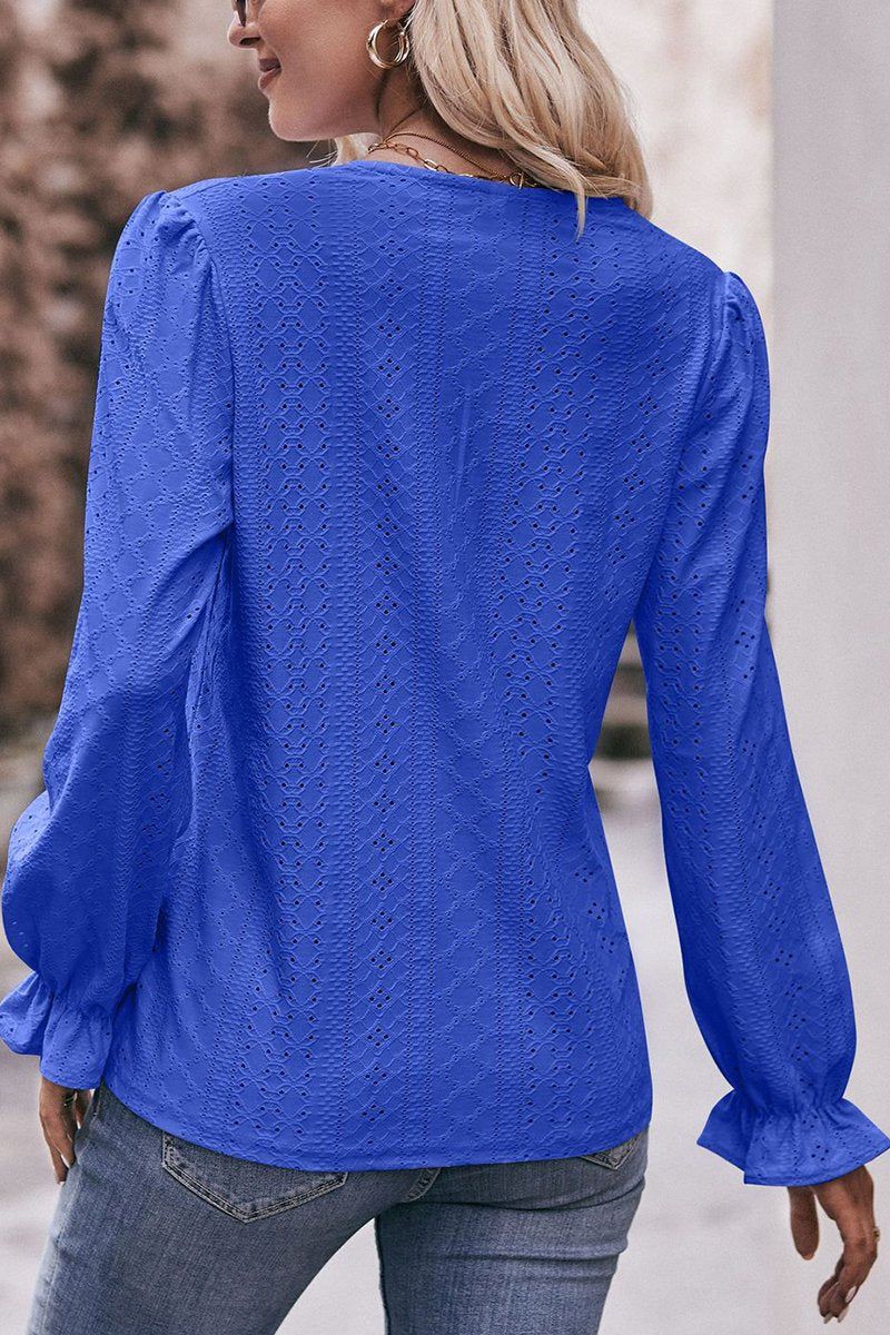 WOMEN LACE TRIM V NECK FLARED SLEEVE BLOUSE
