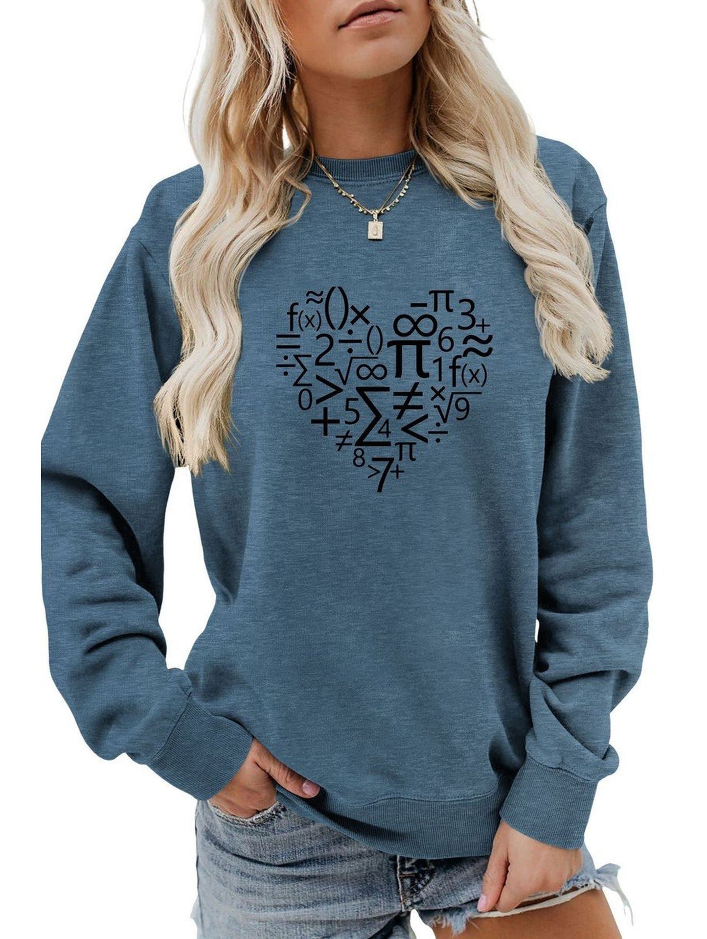 WOMEN HEART PRINTING LONG SLEEVE LOOSE T SHIRT
