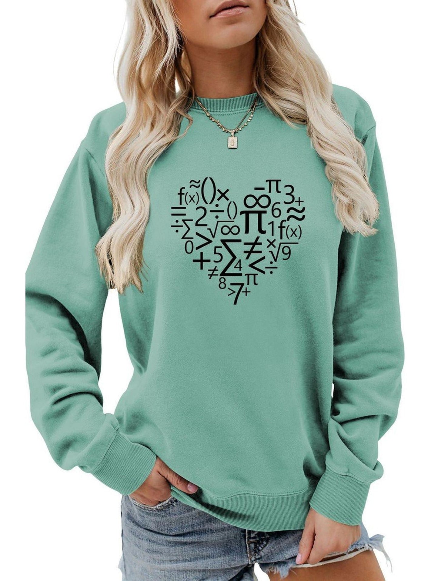 WOMEN HEART PRINTING LONG SLEEVE LOOSE T SHIRT