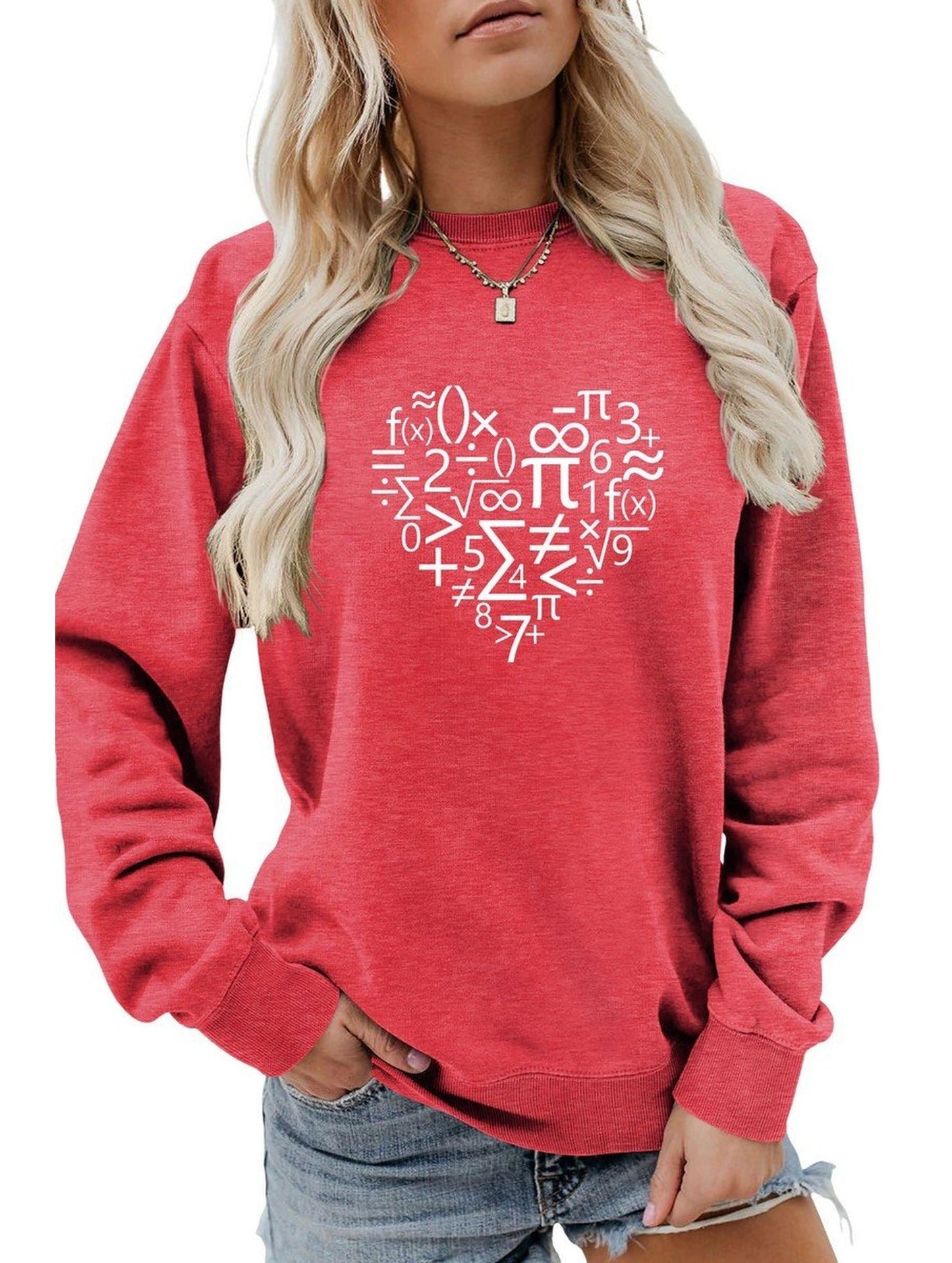 WOMEN HEART PRINTING LONG SLEEVE LOOSE T SHIRT