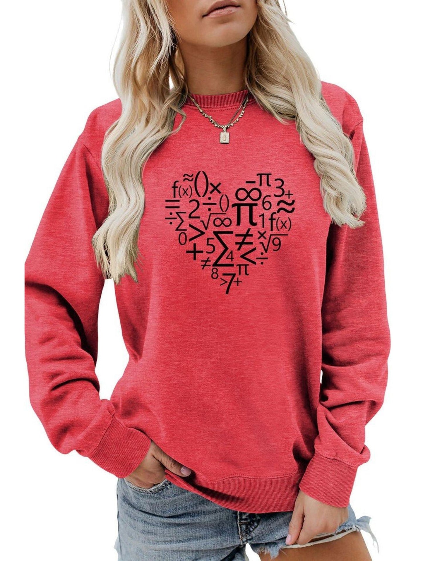 WOMEN HEART PRINTING LONG SLEEVE LOOSE T SHIRT