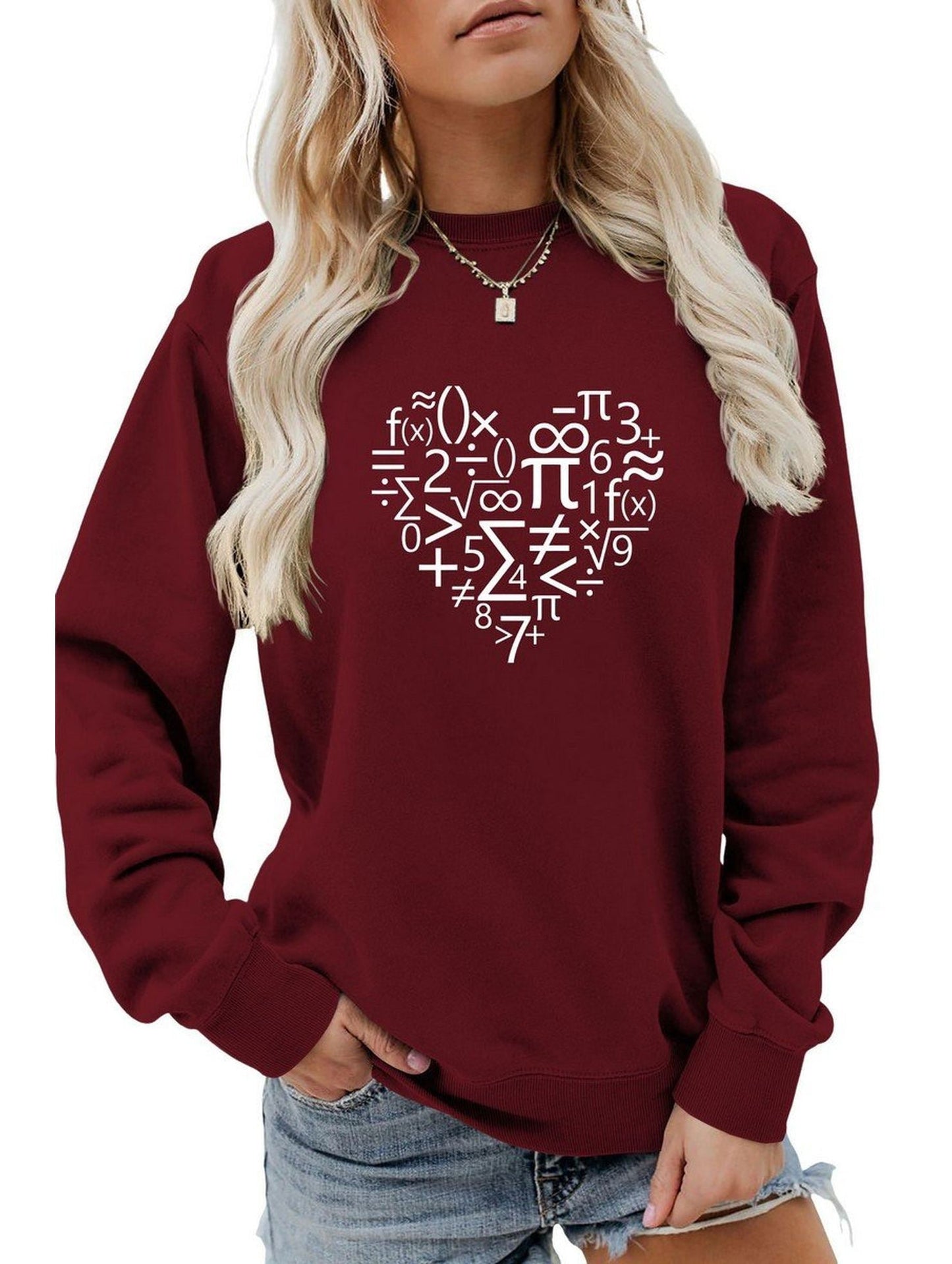 WOMEN HEART PRINTING LONG SLEEVE LOOSE T SHIRT