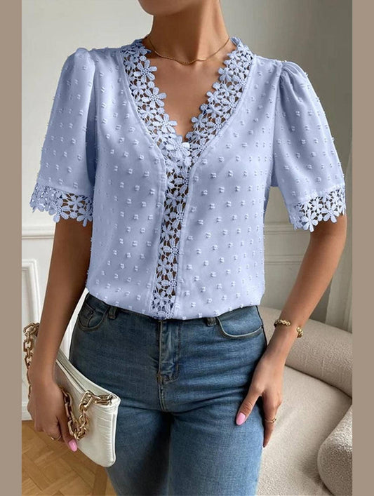 LACE DETAILED SWISS DOT WOMEN BLOUSE - Doublju