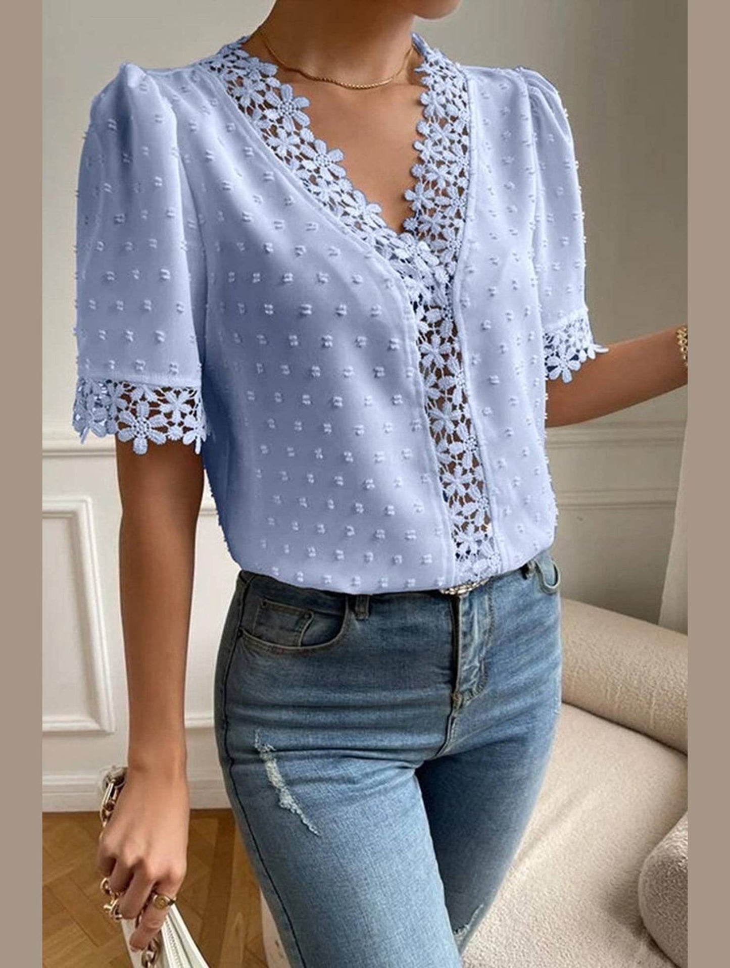 LACE DETAILED SWISS DOT WOMEN BLOUSE - Doublju