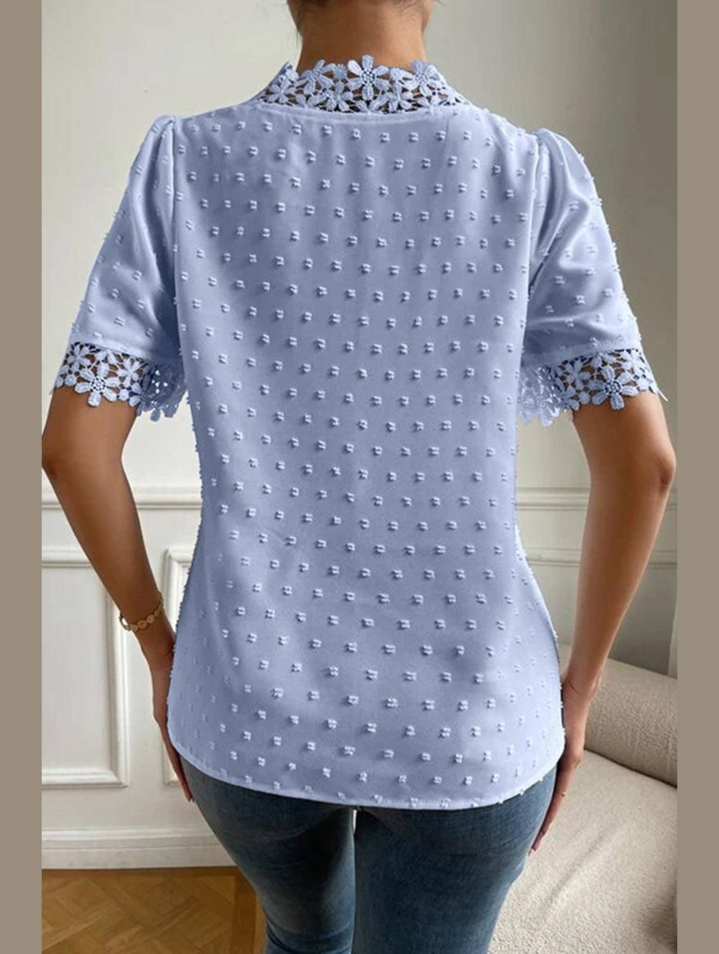 LACE DETAILED SWISS DOT WOMEN BLOUSE - Doublju