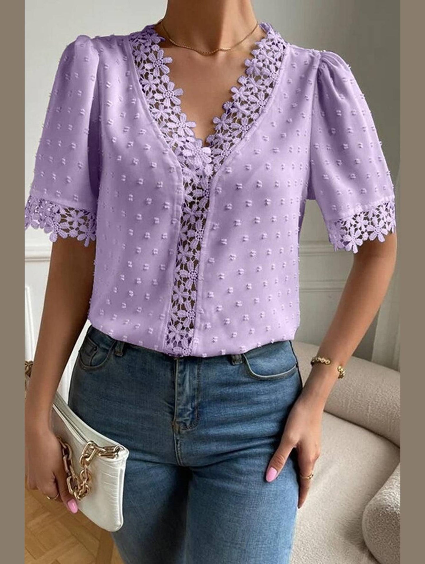 LACE DETAILED SWISS DOT WOMEN BLOUSE - Doublju
