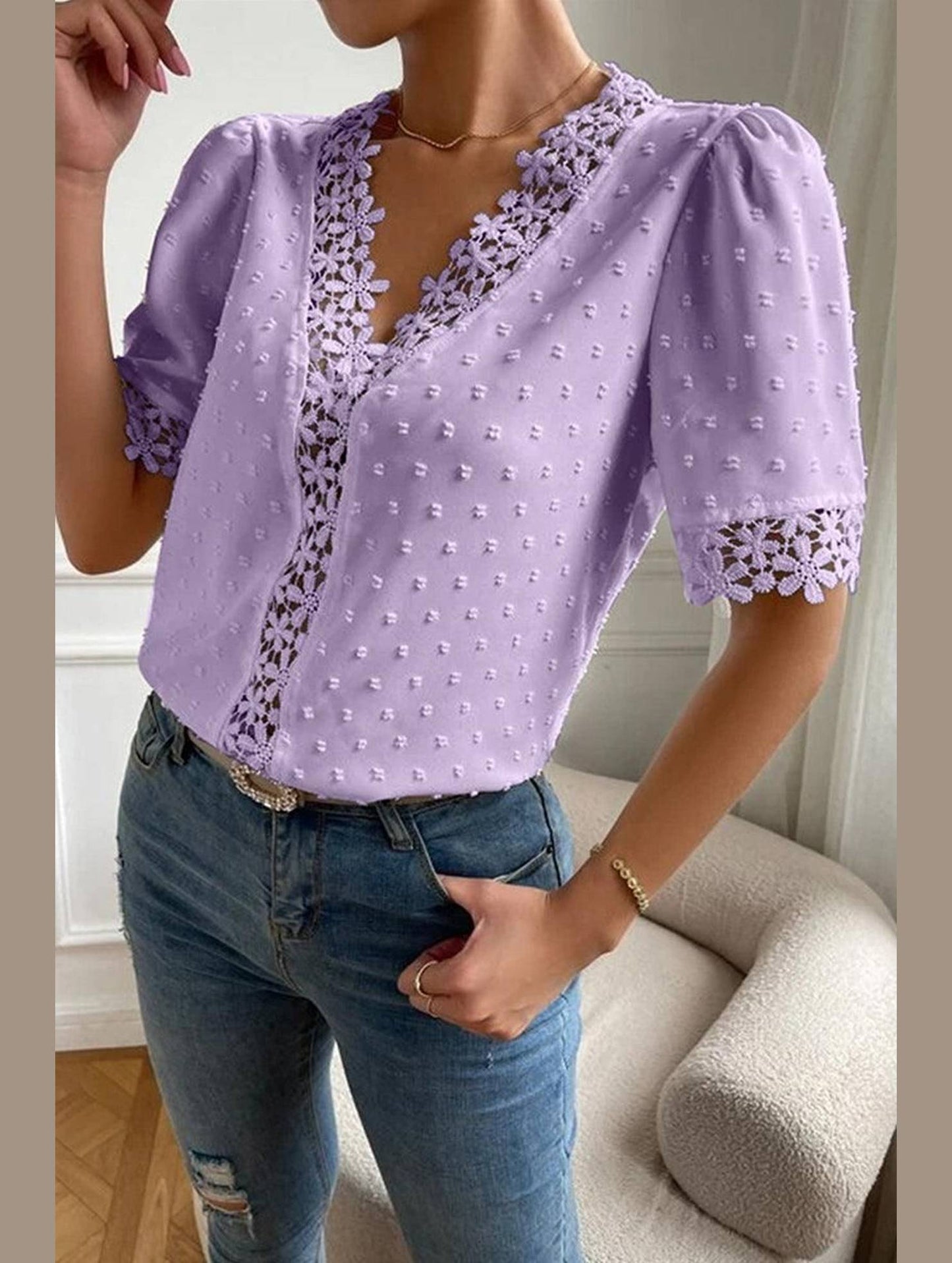 LACE DETAILED SWISS DOT WOMEN BLOUSE - Doublju