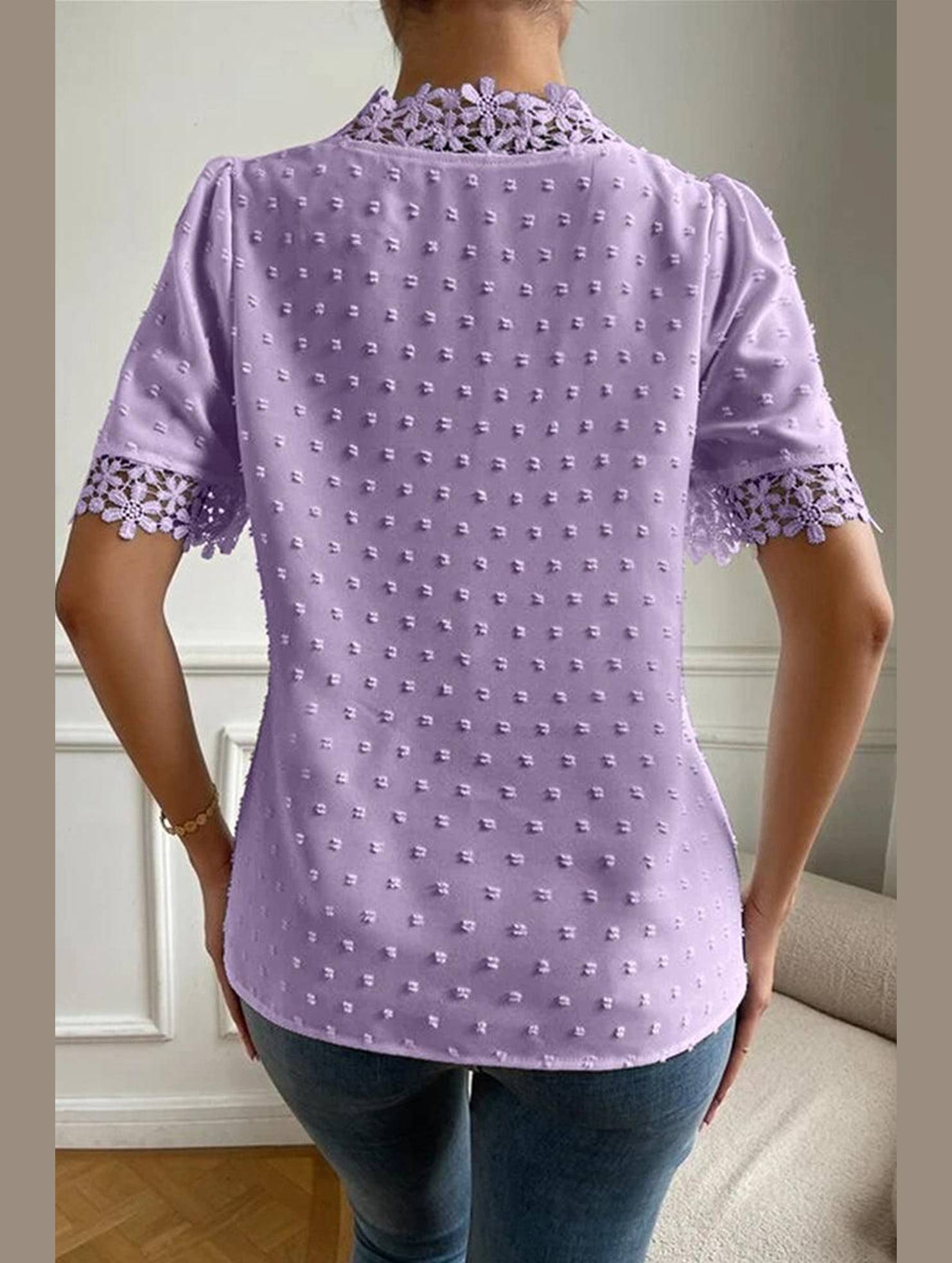 LACE DETAILED SWISS DOT WOMEN BLOUSE - Doublju