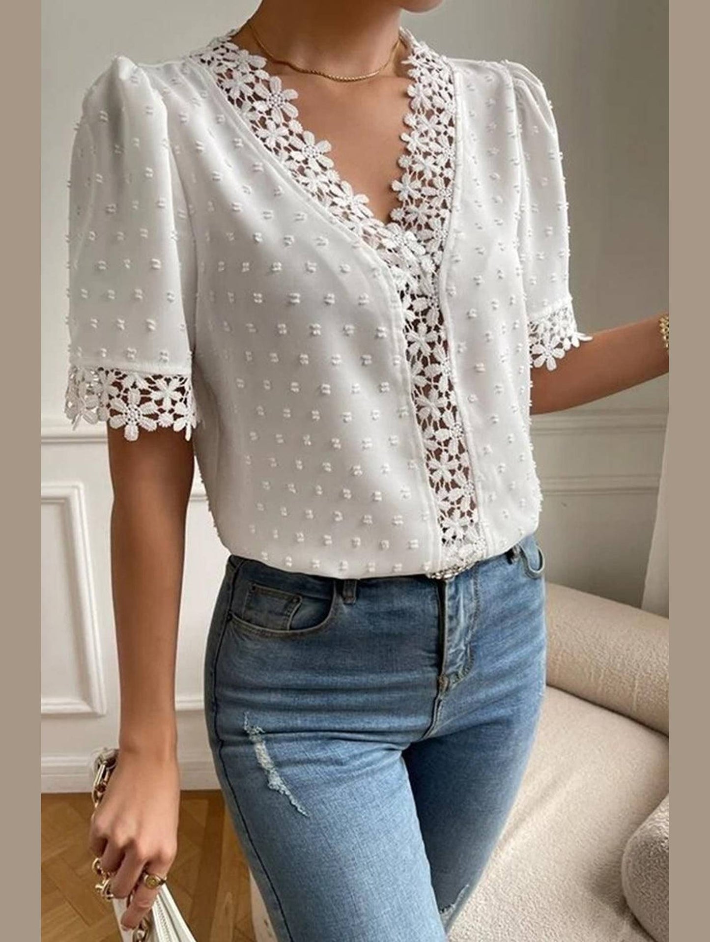 LACE DETAILED SWISS DOT WOMEN BLOUSE - Doublju